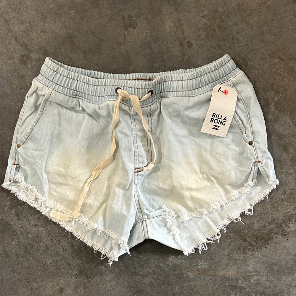 Billabong Light Blue Denim Drawstring Frayed Hem Shorts